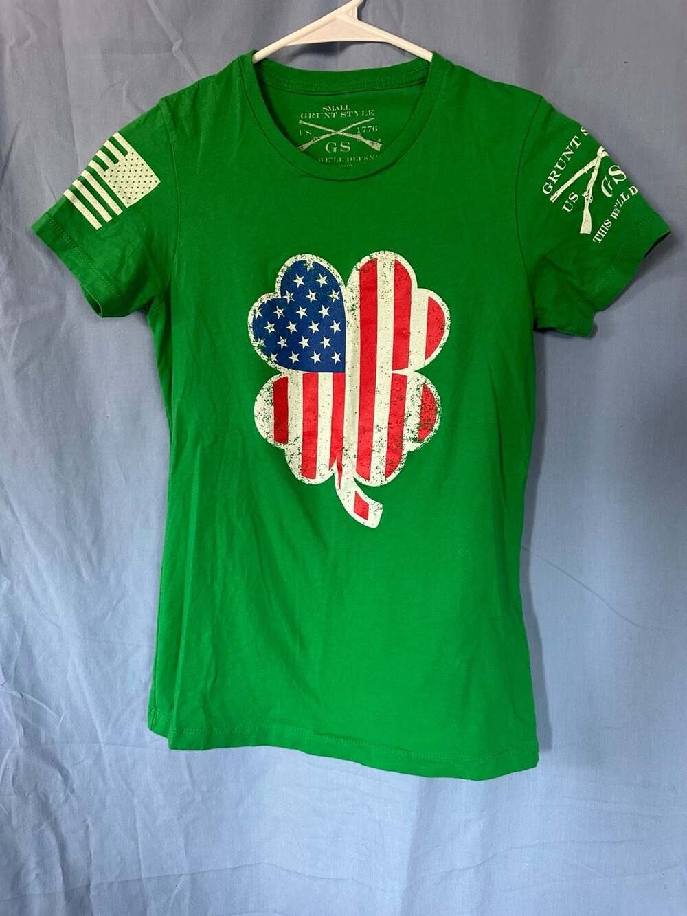 Grunt Style American Flag Clover Shamrock T-Shirt, Size Small, Green